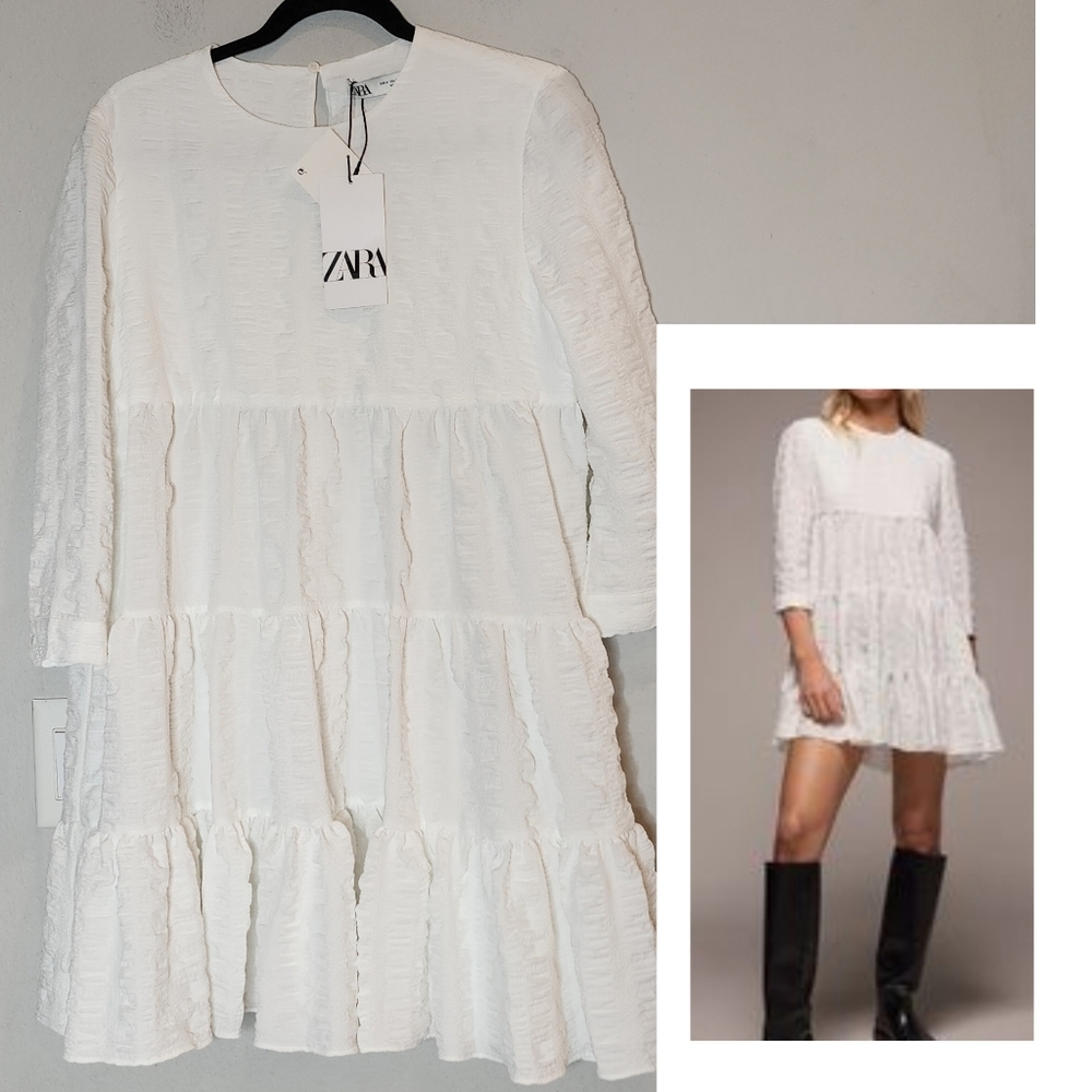 NWT Zara White Textured Wave Babydoll Tiered Sharon Mini Dress Size medium